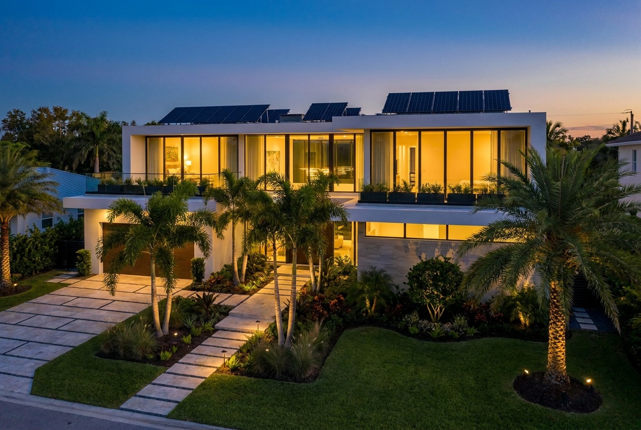 Modern two-story house at dusk with rooftop solar panels and warm interior lighting