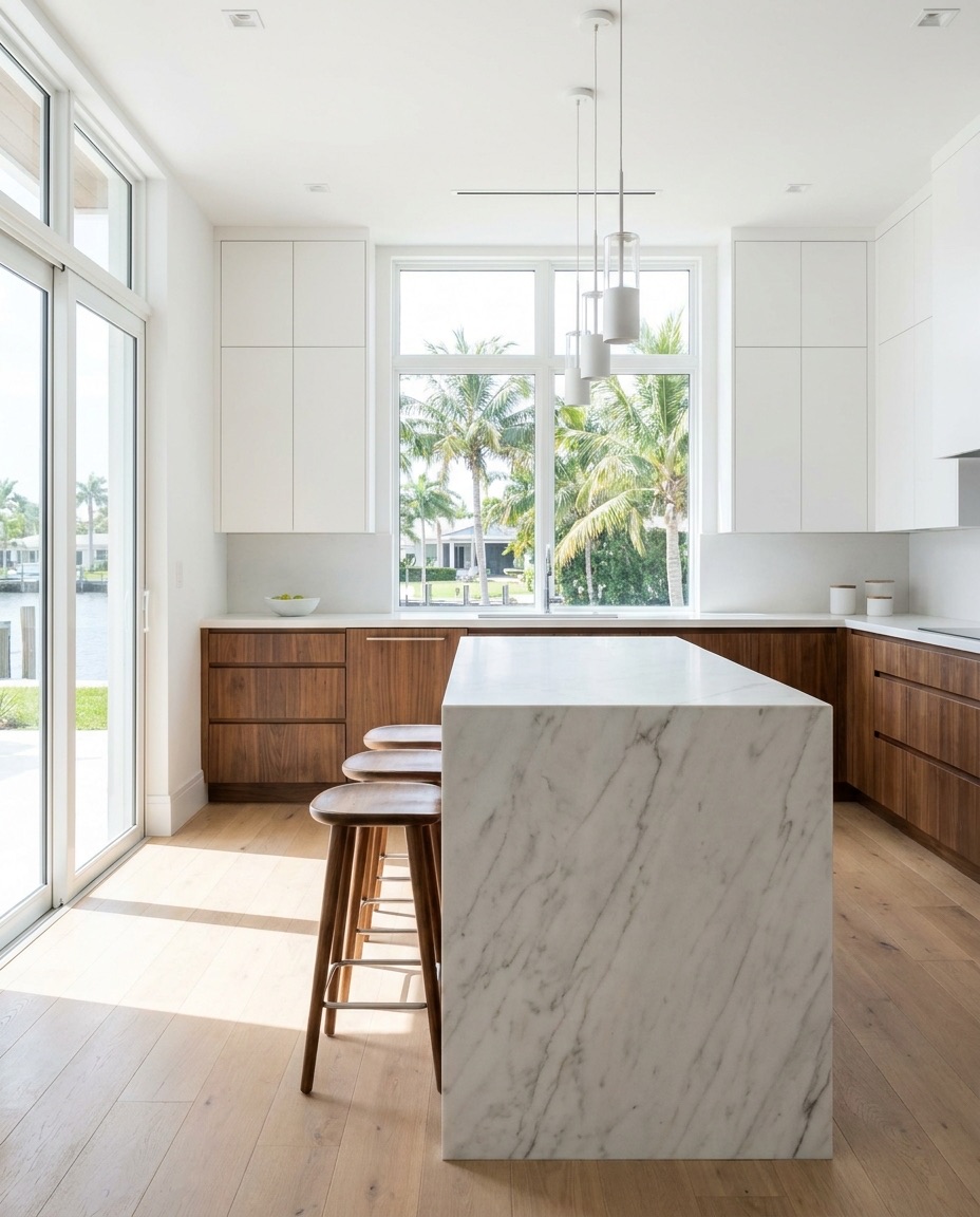 Bright modern kitchen with a marble island and warm wood cabinetry