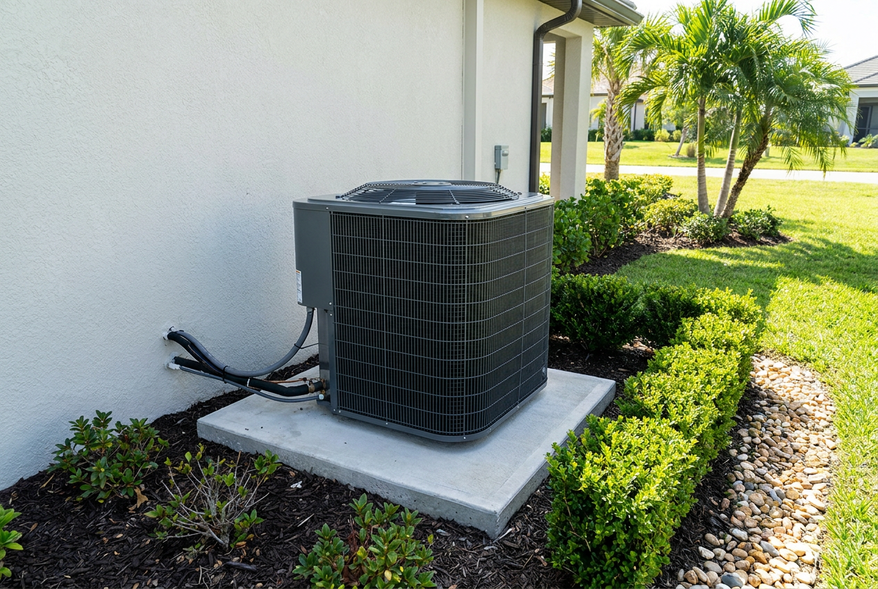 A new outdoor air-conditioning condenser on a concrete pad beside a Florida home with tidy landscaping