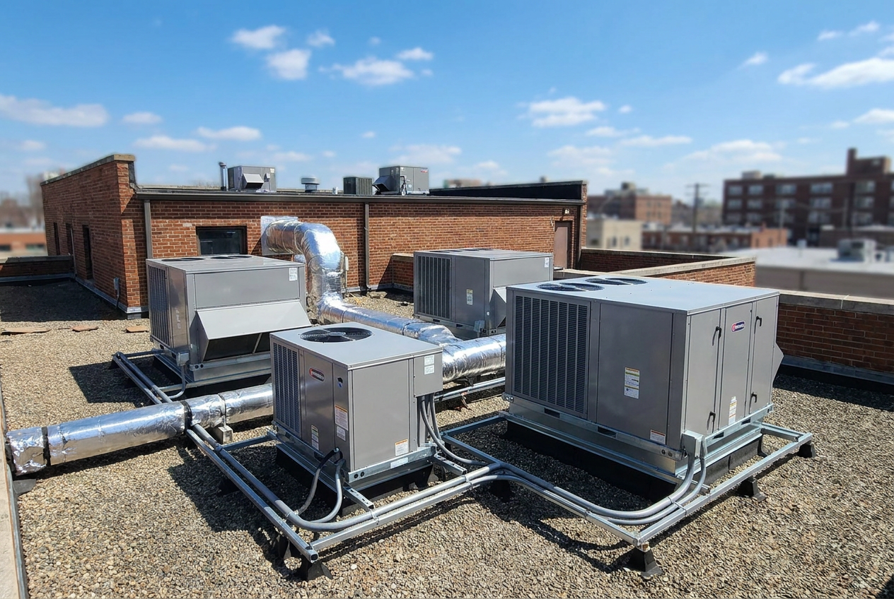 Commercial rooftop HVAC units on a flat commercial roof
