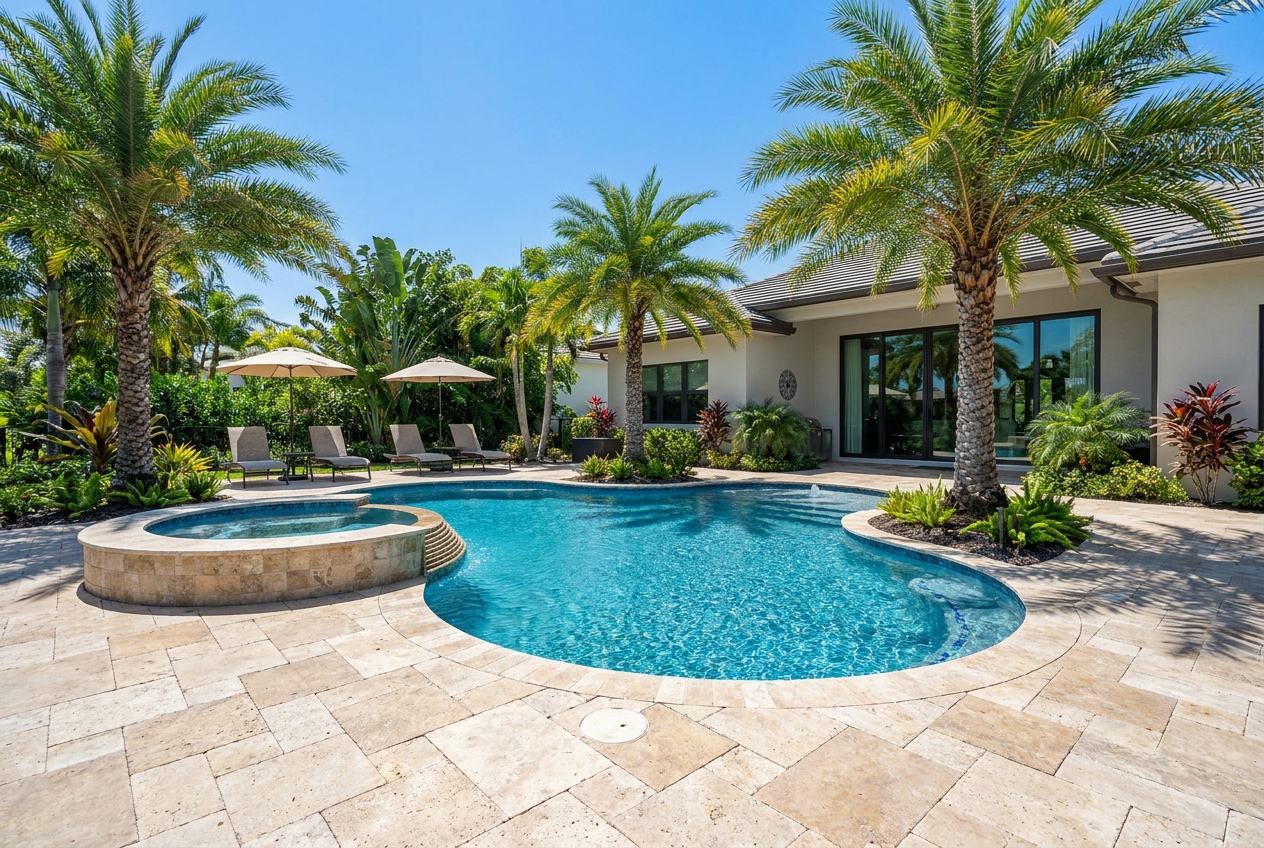 A custom concrete gunite pool with a travertine deck