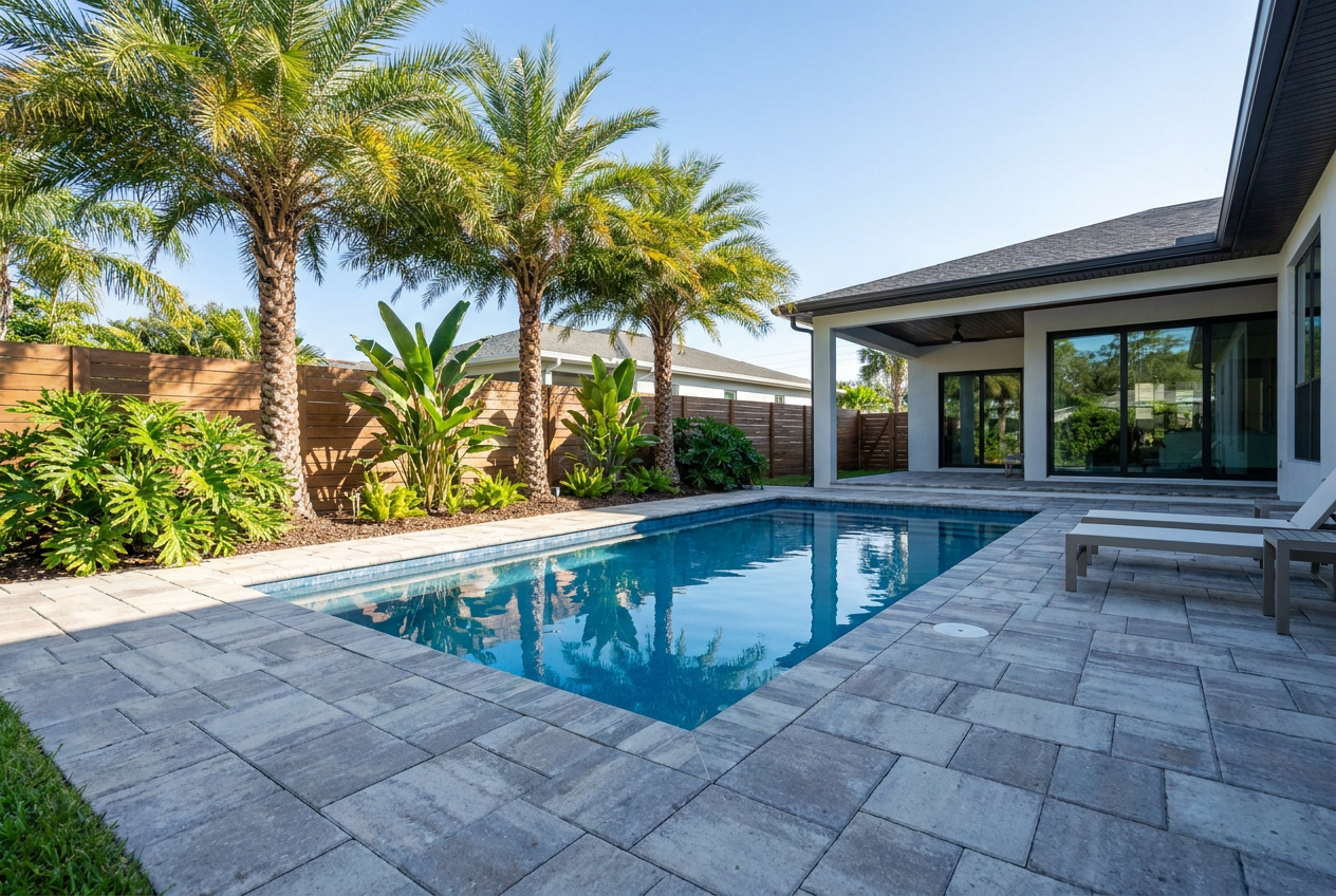 A sleek fiberglass pool with a smooth blue finish