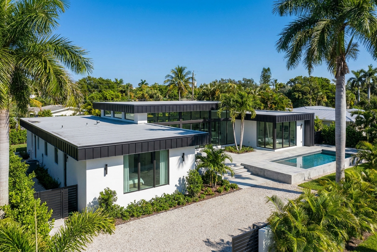 A modern flat-roof Florida home with a low-slope membrane roof