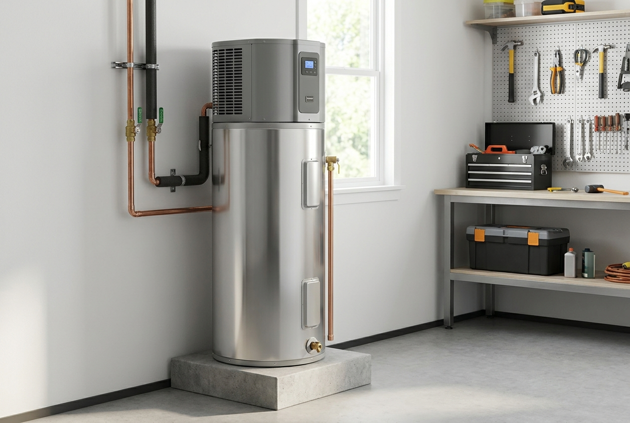 A hybrid heat-pump water heater installed in a garage