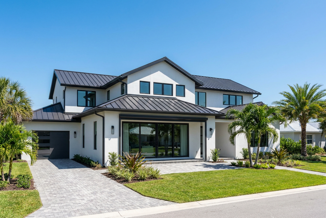 A modern Florida home with a charcoal standing-seam metal roof