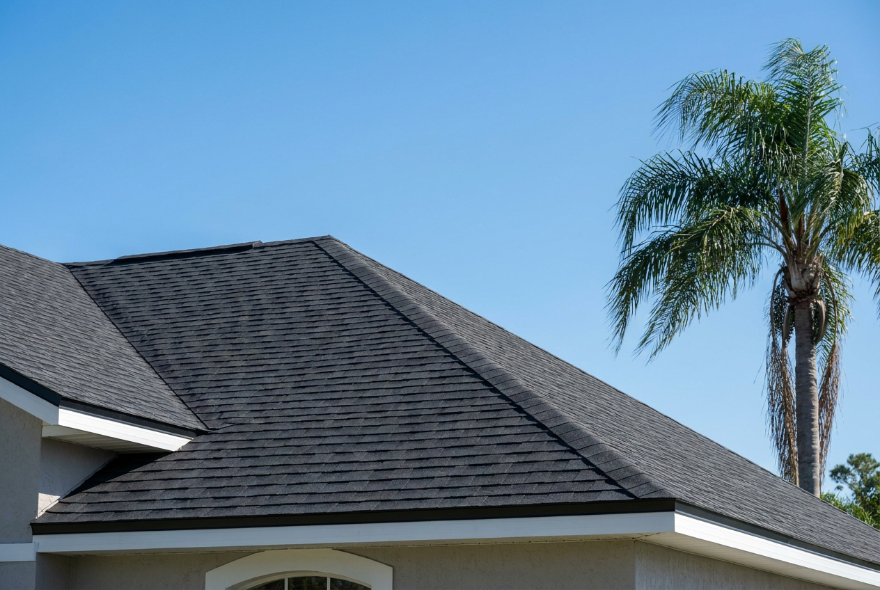 A Florida home roof with fresh dark architectural asphalt shingles
