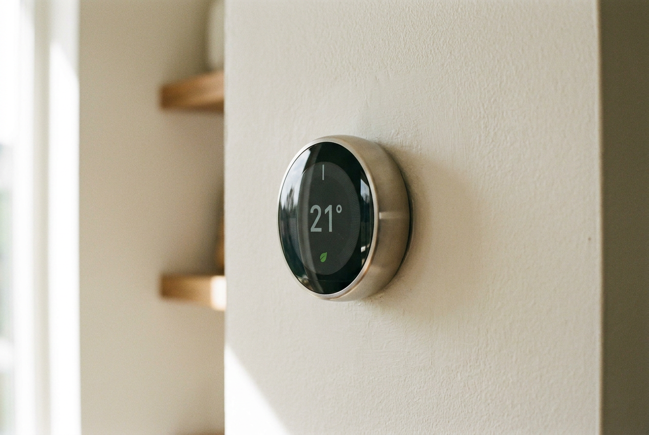 A modern smart thermostat mounted on an interior wall