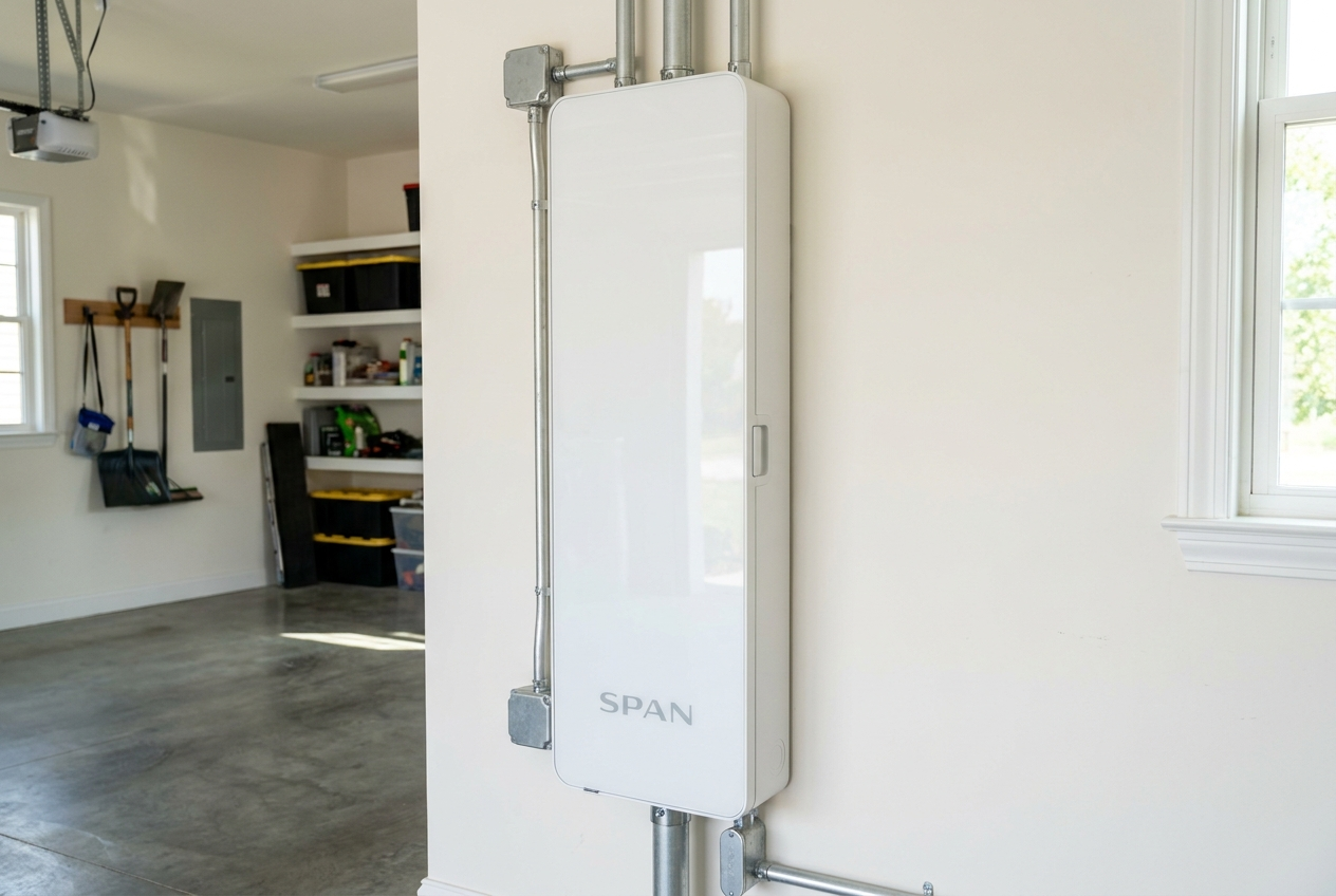 A SPAN smart electrical panel installed on a clean garage wall