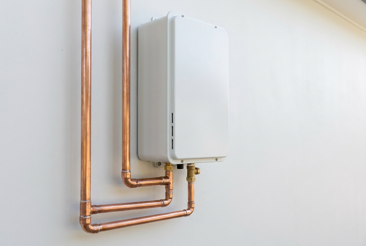 A compact tankless water heater mounted on a utility wall