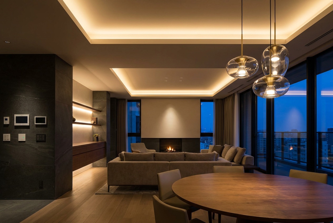 Modern home interior with warm recessed and designer pendant lighting