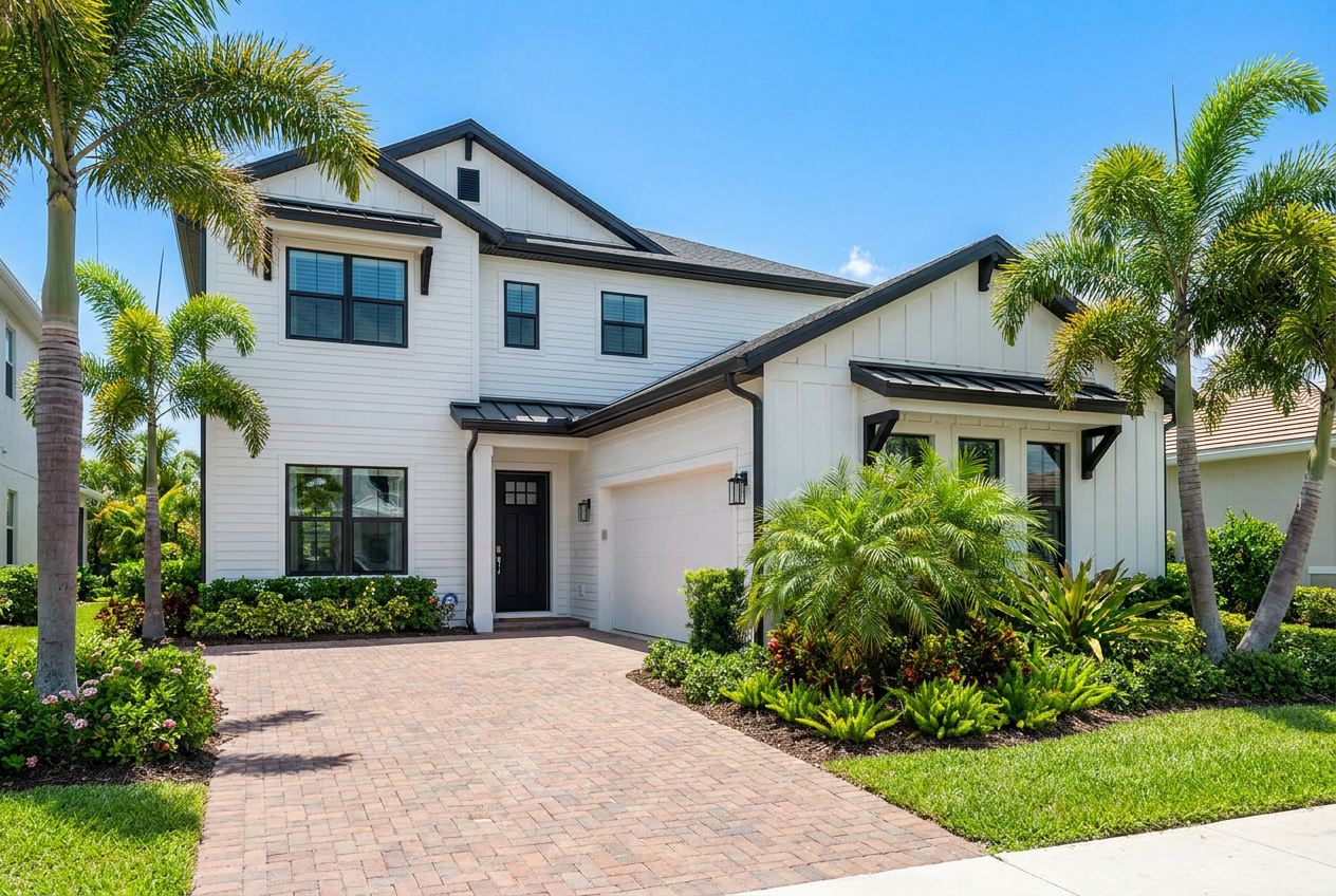 An upscale white two-story Florida modern-farmhouse home with black-framed windows and lush palm landscaping