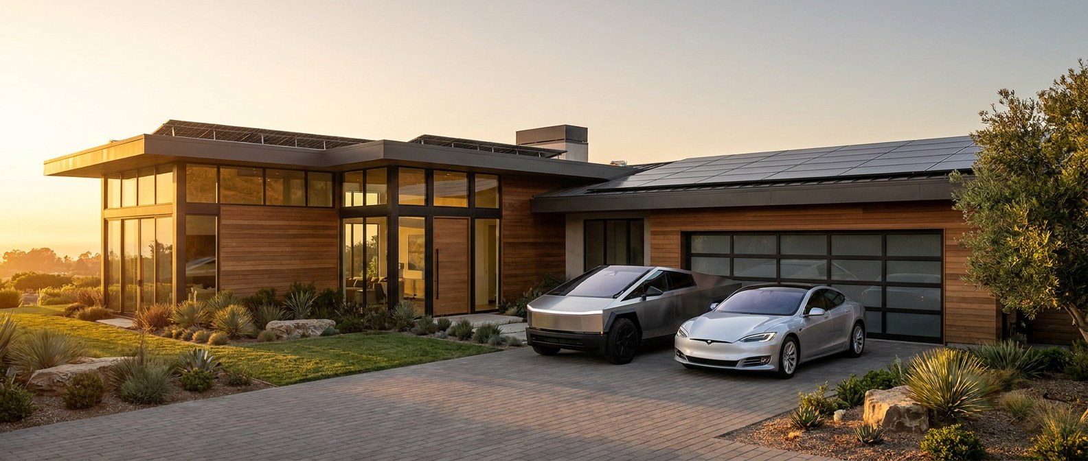 A modern home with a Tesla Cybertruck and Model S in the driveway at golden hour