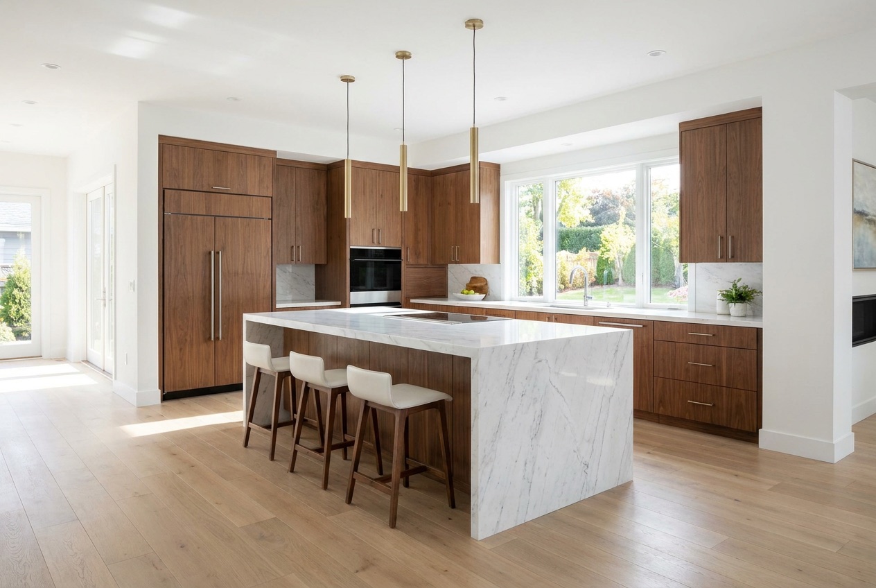 Beautiful custom modern kitchen with a large marble island and warm lighting