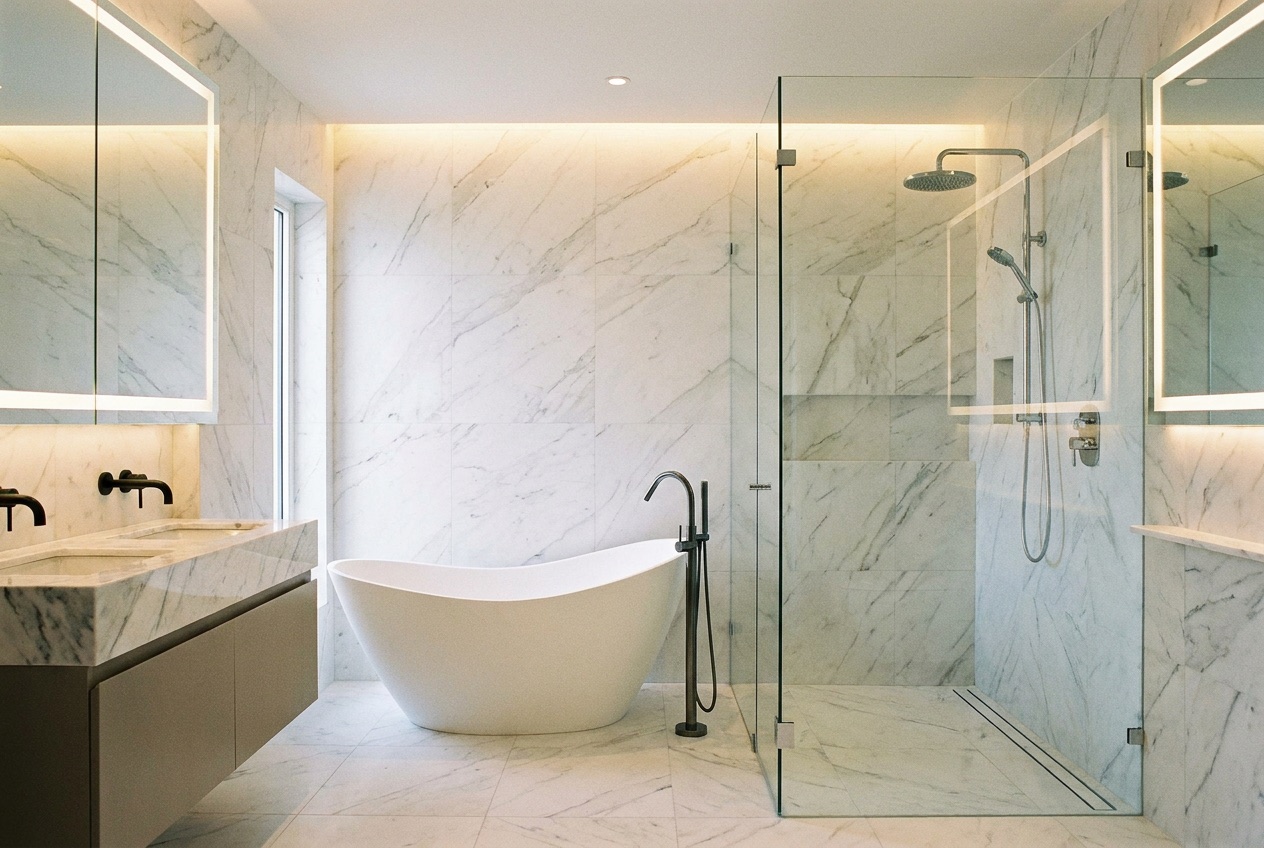 Elegant modern bathroom with a freestanding tub and sleek fixtures