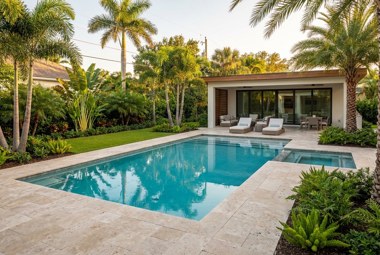 Modern Florida backyard swimming pool with a travertine deck and palm trees