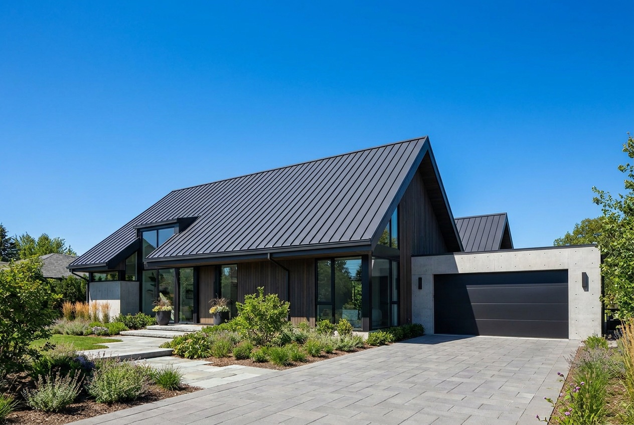 Modern home with a premium dark charcoal standing-seam metal roof