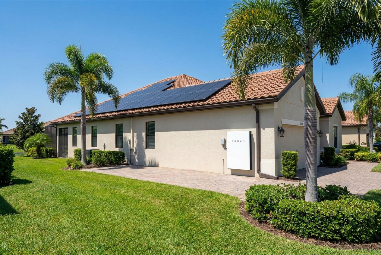 A Florida home with rooftop solar panels and a wall-mounted home battery in daylight