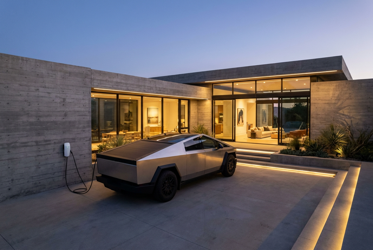 A Tesla Wall Connector charging a Tesla Cybertruck at the rear driver-side port outside a modern concrete luxury home at dusk