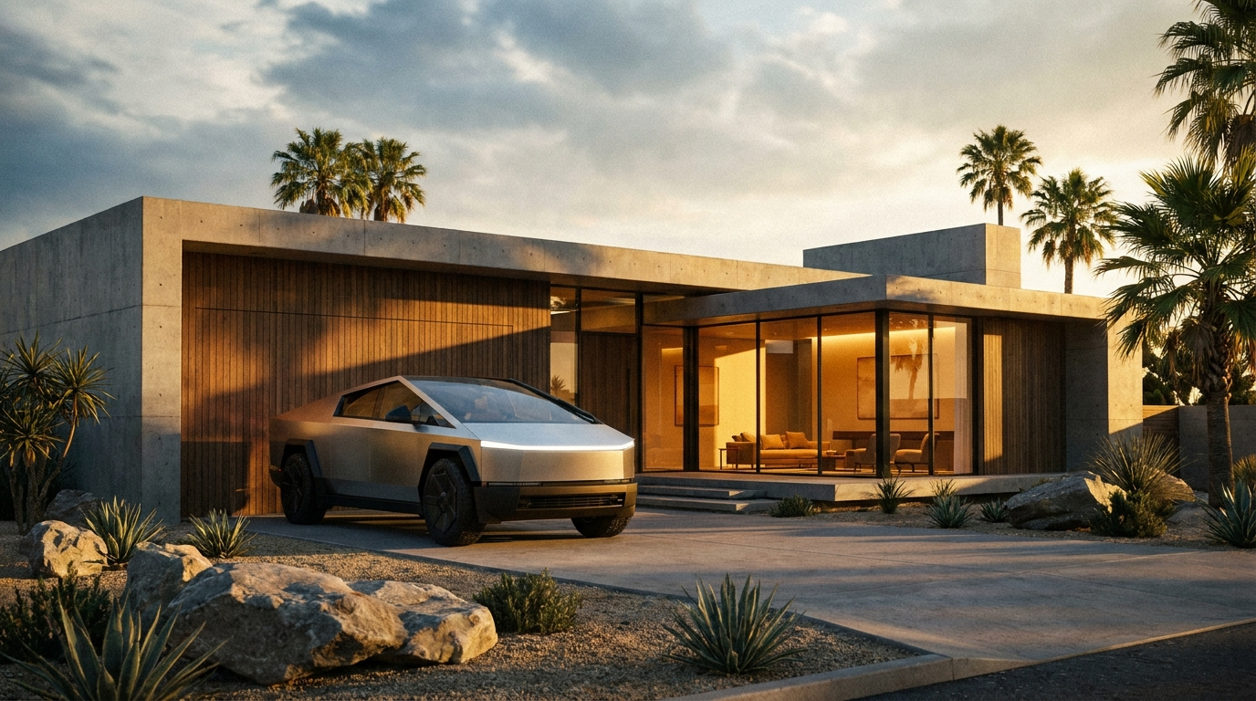 A Tesla Cybertruck in the driveway of a modern luxury home at golden hour