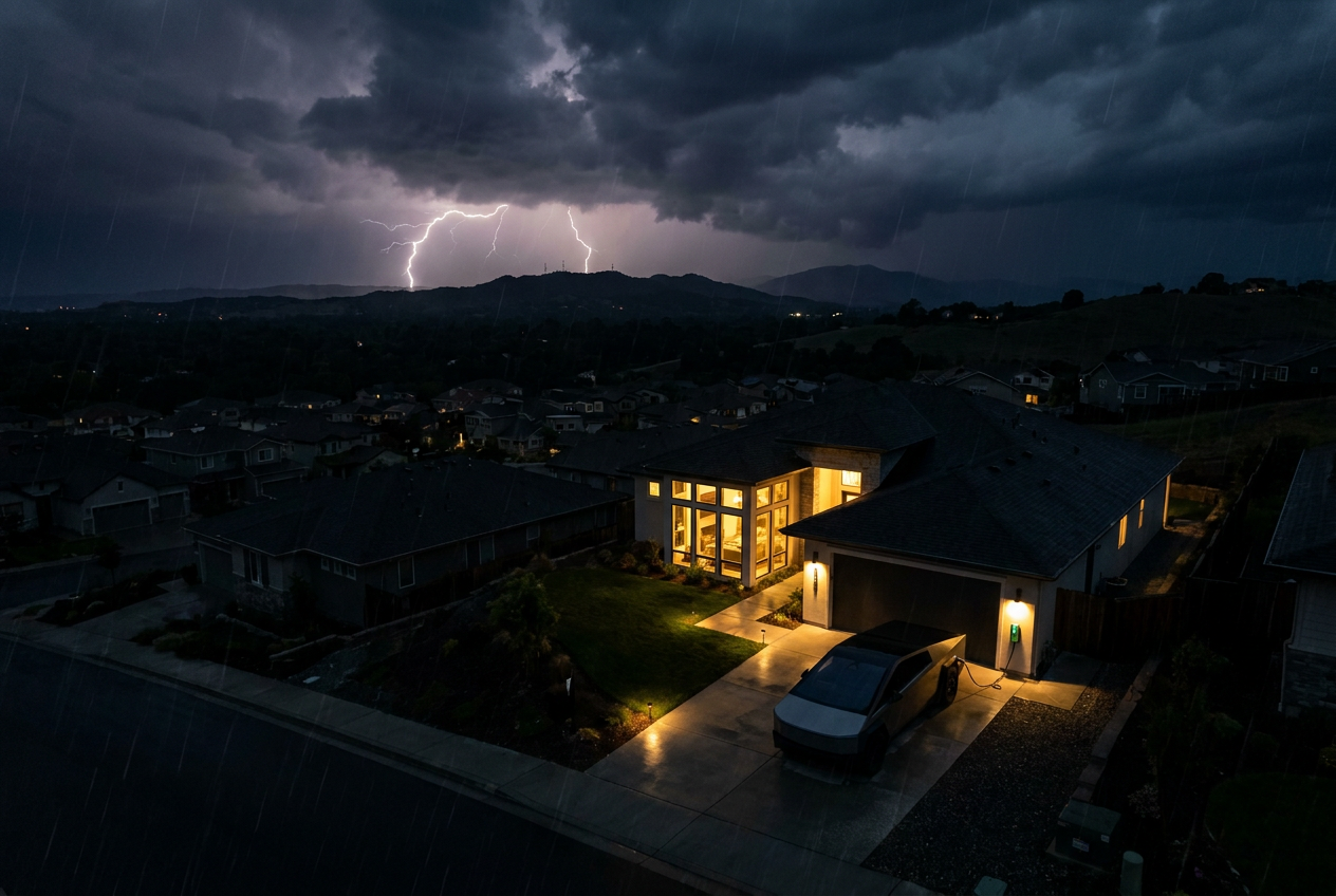 A neighborhood dark from a storm outage while one modern home stays lit, a Tesla Cybertruck charging in the driveway