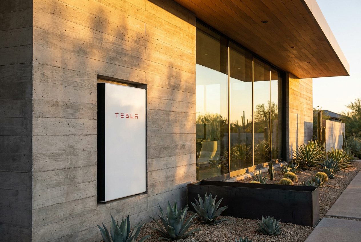 A white Tesla Powerwall home battery mounted on the concrete wall of a modern luxury home