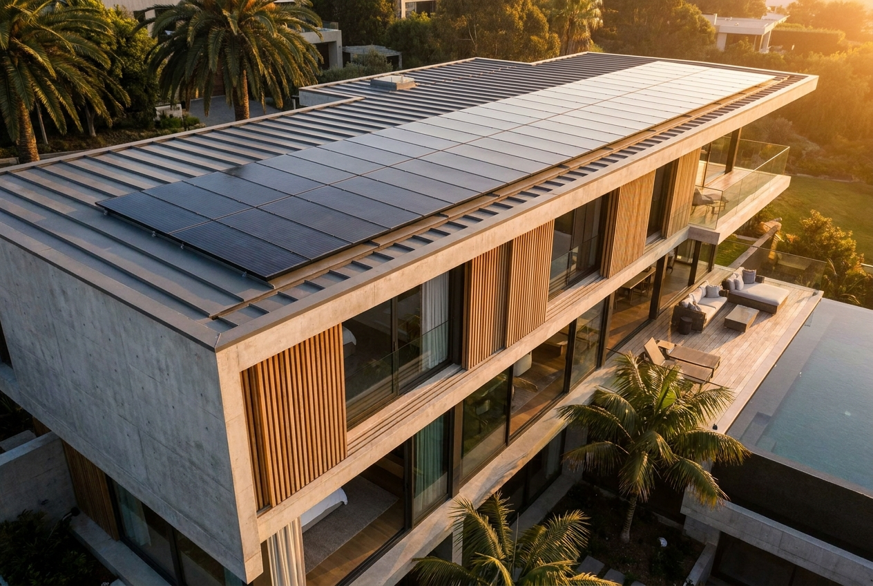 Sleek all-black Tesla solar panels on the roof of a modern architectural luxury home