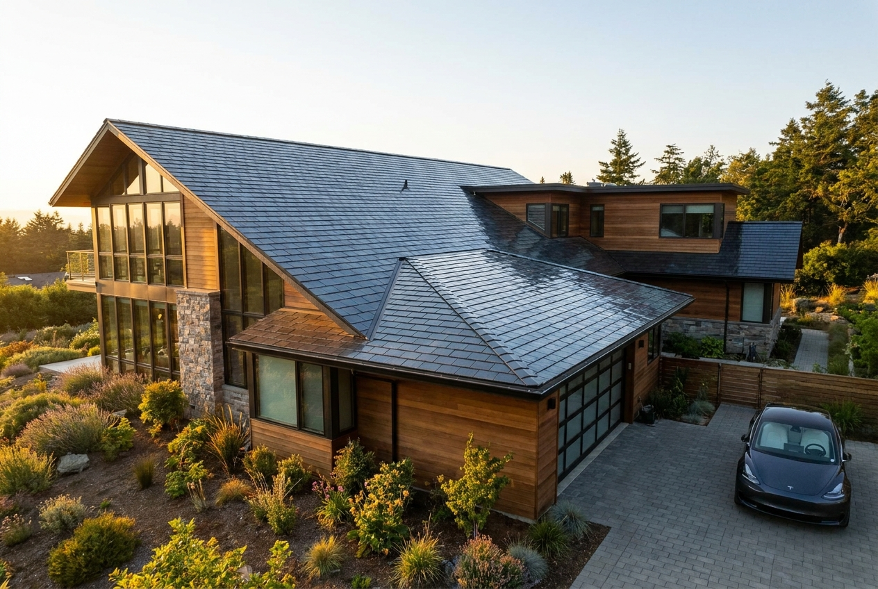 A modern luxury home with a Tesla Solar Roof of dark solar tiles at golden hour